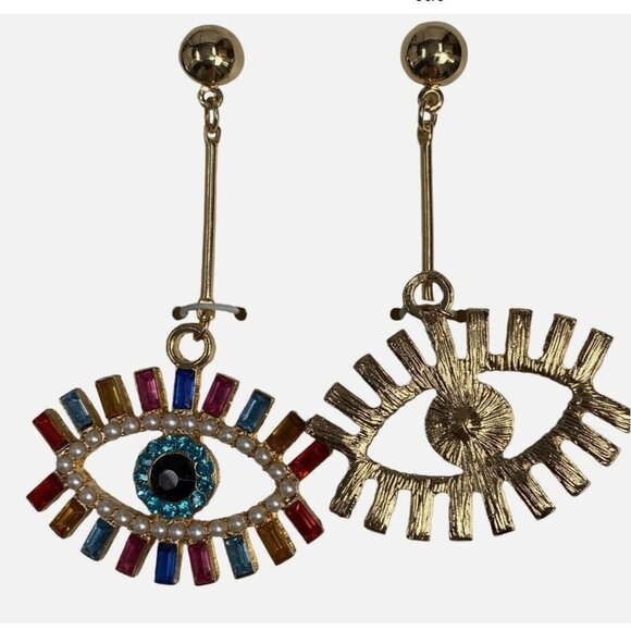 Noir Earrings Gold Tone Evil Eye Rhinestone Colorful Drop Dangle Sparkle NEW - Picture 3 of 9